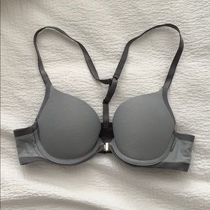 Grey, ultra soft racer back aerie bra.